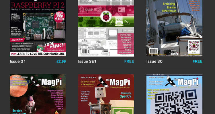 Screenshot of The MagPi app with a selection of magazines in view
