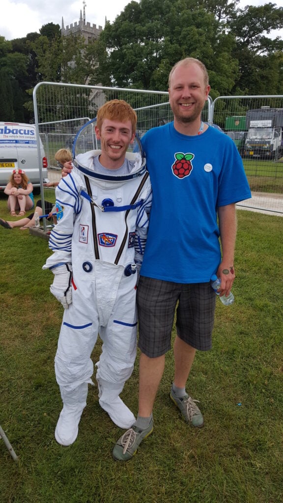 Raspberry Pi's Dan Grammatica, wearing a spacesuit, and Dave Hazeldean