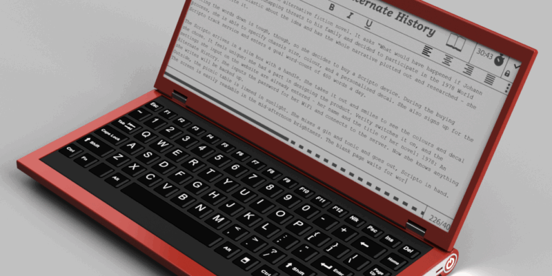 Photo: a red-cased Scripto sits open on a white work surface. It is on, and Its screen is filled with text.