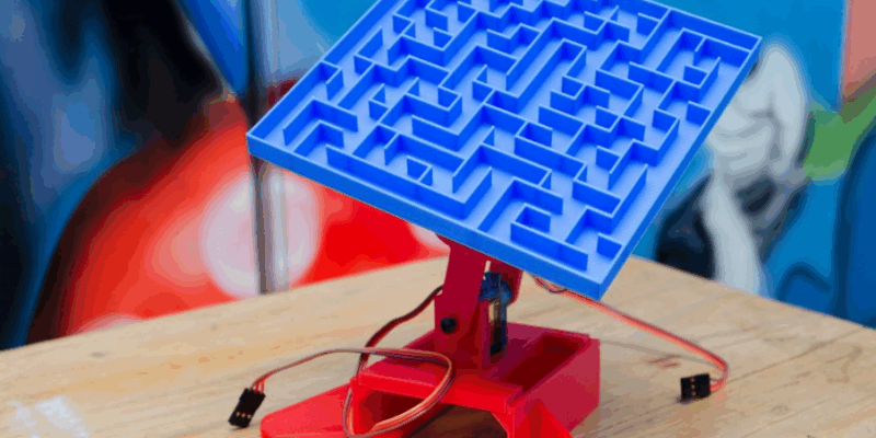 A marble maze atop a mechanised tilting stand