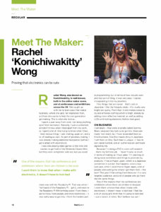 A page from a magazine with the headline "Meet The Maker: Rachel 'Konichiwakitty' Wong" and a photograph of Rachel smiling and wearing LED kitty ears
