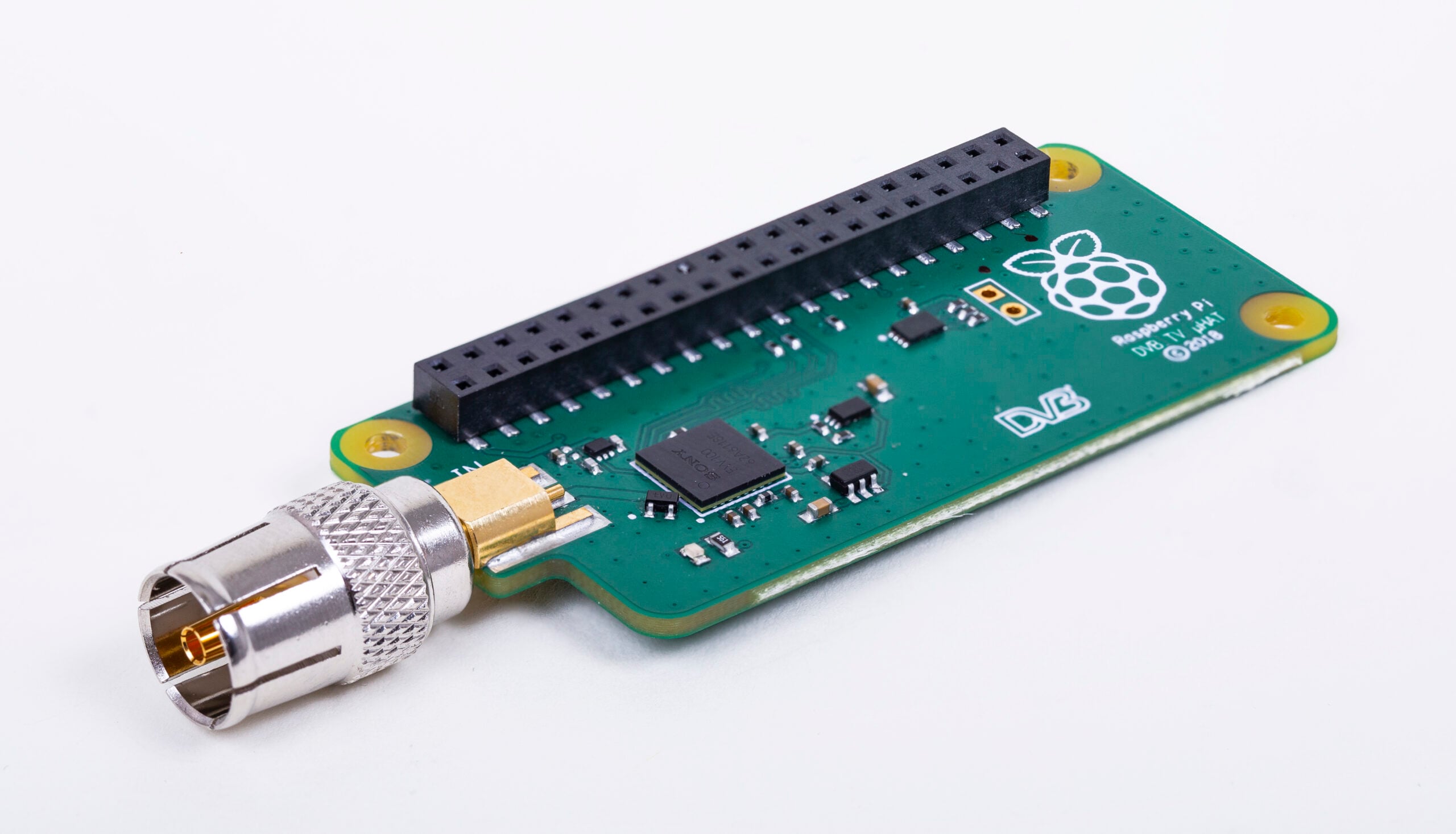 A photograph of a Raspberry Pi a TV HAT with aerial lead connected Oct 2018