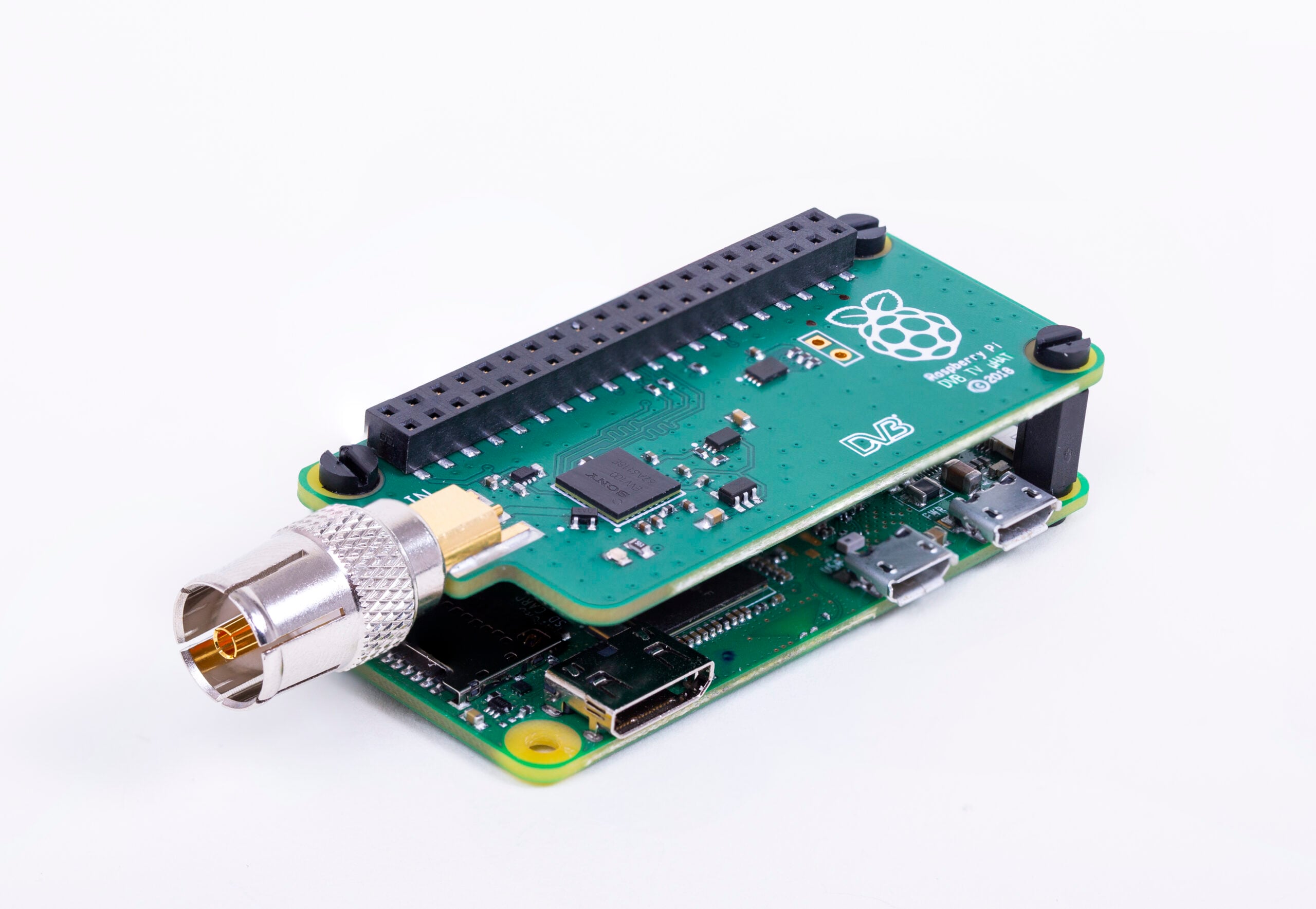 A photograph of a Raspberry Pi Zero W with TV HAT connected Oct 2018