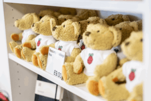 A shelf of Babbage Bear cuddle toys