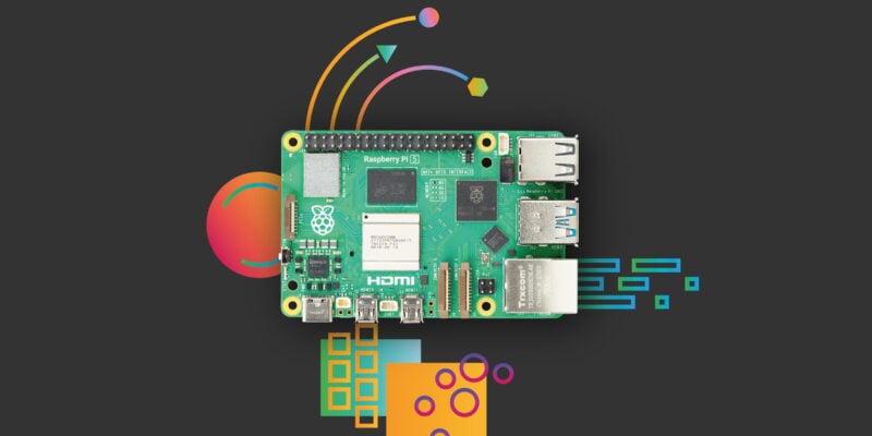 Raspberry Pi 5 on a black background with orange, yellow, green , pink and turqouise swirls, circles, patterns exploding from behind it