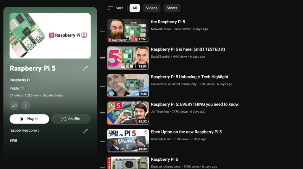 Raspberry Pi 5 YouTube playlist screengrab