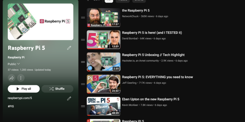 Raspberry Pi 5 YouTube playlist screengrab