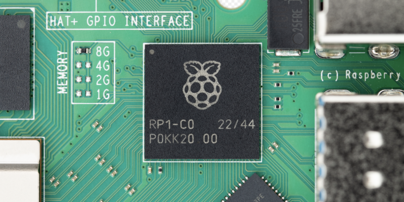 Close up of RP1 silicon on a Raspberry Pi 5 board