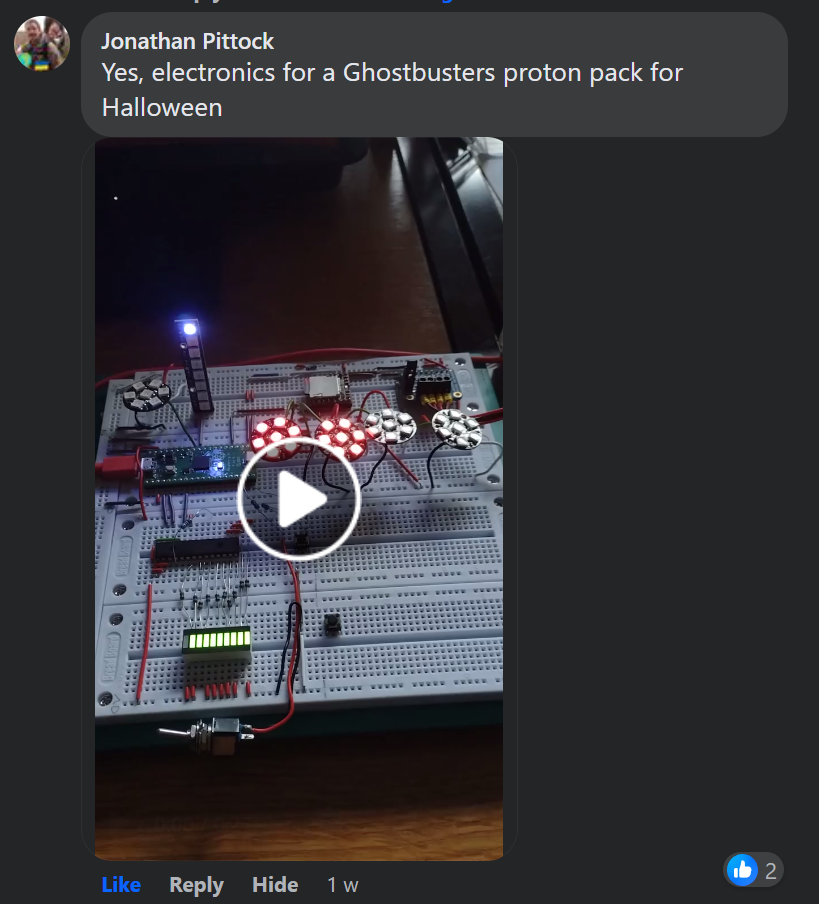 Screen grab of a video showing a Ghostbusters proton pack built for Halloween