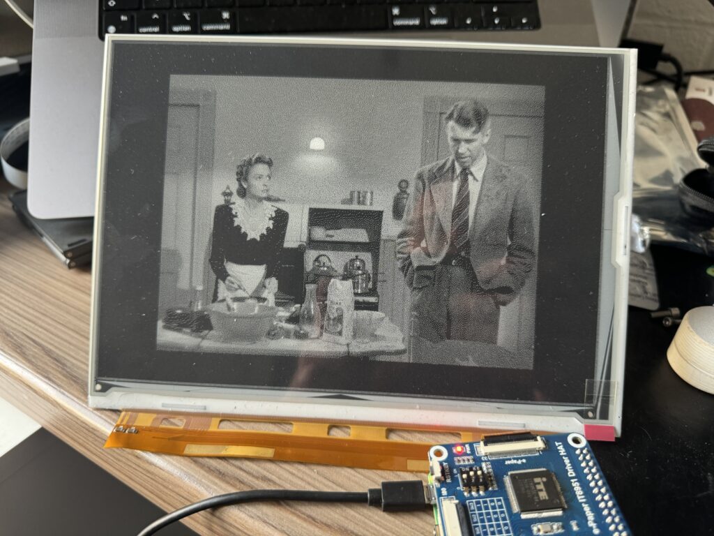 still frame of it's a wonderful life on an e-paper display