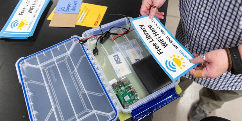 Plastic box with a Raspberry Pi and other peripherals that make up SOLAR Spell