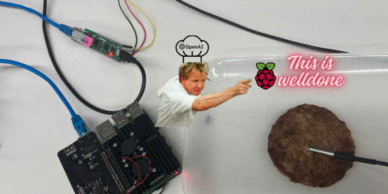 gordon ramsey screaming at a burger that it is well done. The raspberry pi is sat on the table next to the burger and is wired up to the cooking sensor