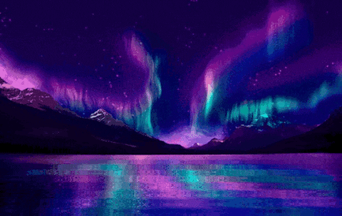 This is a GIF of the aurora borealis, or northern lights, dancing in the night sky above a serene lake surrounded by mountains. The GIF showcases a vibrant display of the aurora borealis illuminating the night sky with hues of purple, blue, and green. The northern lights are animated to move gracefully, creating an ethereal and mesmerizing effect. In the foreground, there’s a calm lake reflecting the colorful lights from the sky. Silhouettes of mountains are visible at the horizon separating the sky and lake. The overall mood conveyed is one of natural beauty and tranquility.