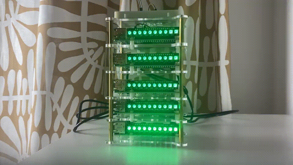 LED Stack in Acrylic Casing:
The image showcases a stack of electronic boards encased in a clear acrylic frame.
Each board features multiple green LEDs that emit a bright green glow.
Black wires are visible at the base of the structure.
The overall mood is modern and technological due to the illuminated LEDs and electronic components.
Missing Information:
Unfortunately, the OCR (optical character recognition) did not capture any specific text from the image.
Contextual Interpretation:
The stacked LED boards appear to be part of a project or device, possibly related to Raspberry Pi or other embedded systems.
The purpose of this LED stack remains unclear without additional context.