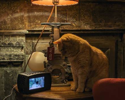 Benchley the cat staring lovingly at a tiny TV set. Both are sat on a small side table with a soft glowing lamp above them. 