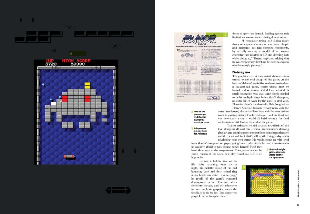 Two pages from Code the Classics Volume II showing the video game Arkanoid.