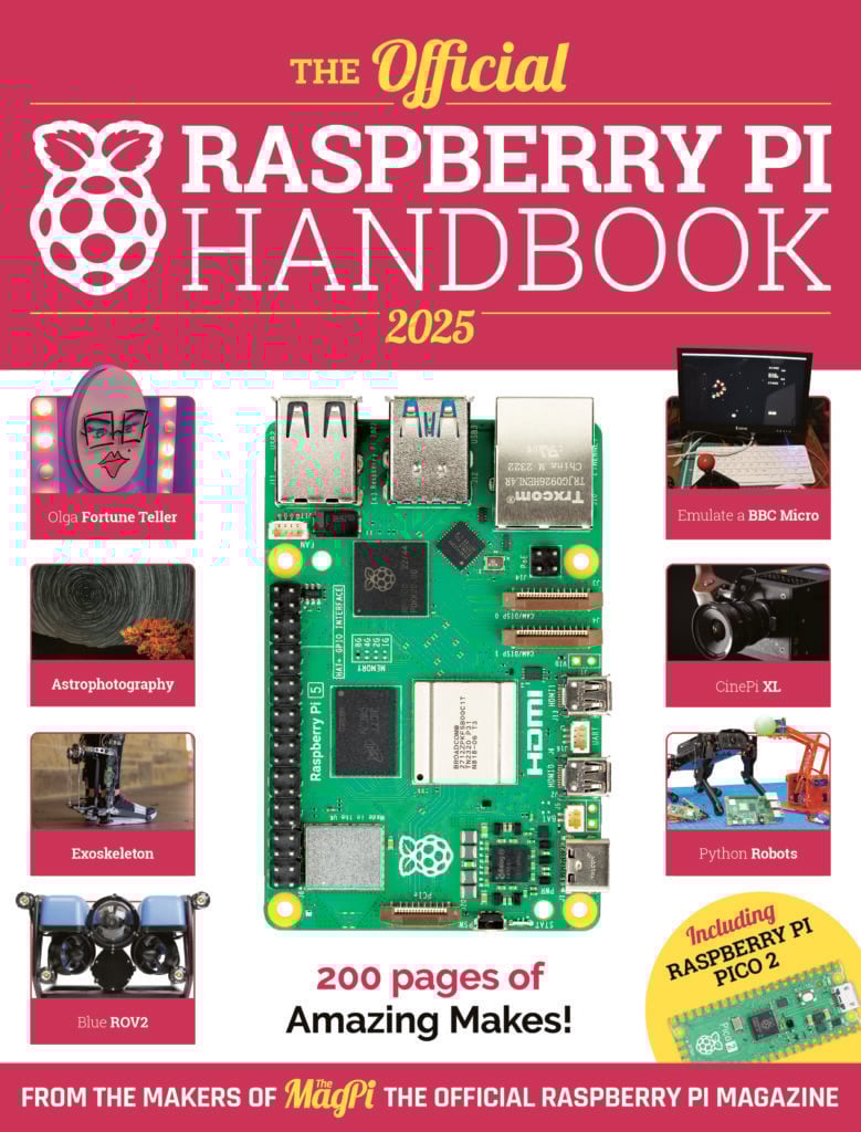 Front cover of the official raspberry pi handbook 2025 with a big raspberry pi 5 in the middle and seven pi-powered projects round the edges