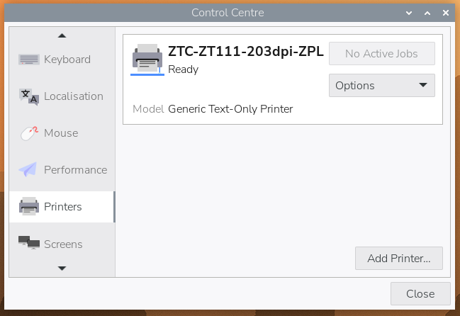 The 'Printers' page of the new Control Centre application