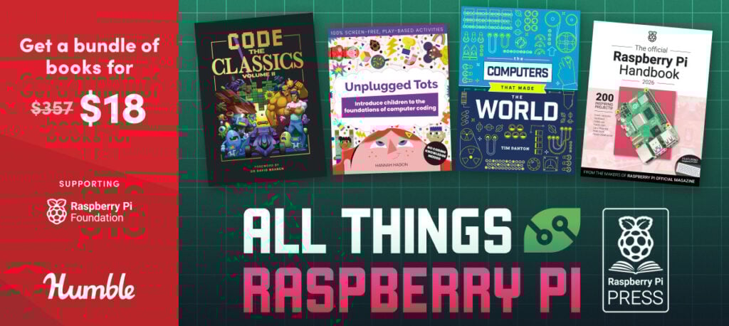 Four books from Raspberry Pi Press arranged symmetrically, with the text "All Things Raspberry Pi" and the Raspberry Pi Press Logo.
