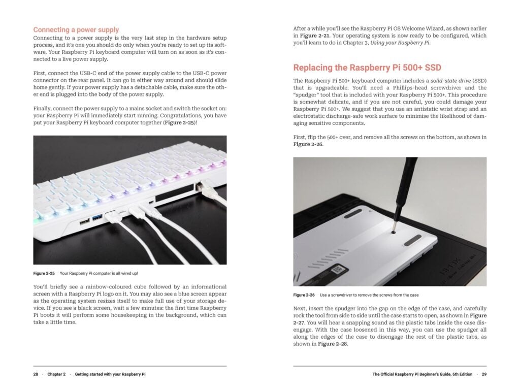 Two facing pages from The Official Raspberry Pi Beginner's Guide that feature setup instructions for the Raspberry Pi 500+.