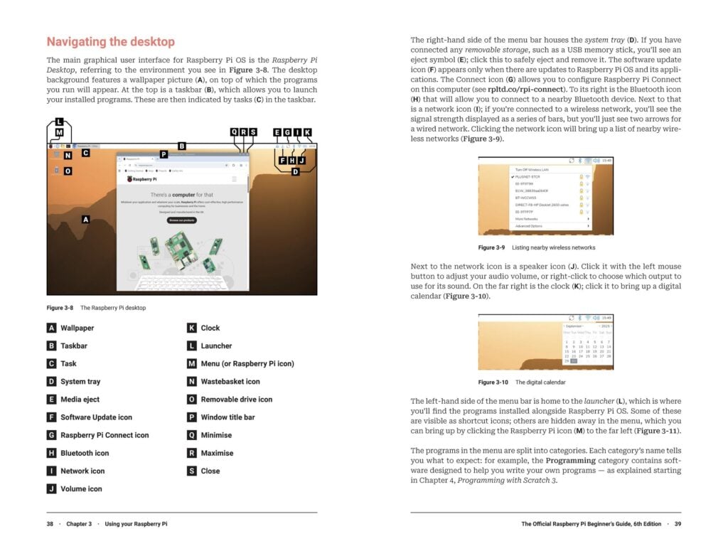 Two facing pages from The Official Raspberry Pi Beginner's Guide featuring instructions for working with Raspberry Pi OS Trixie.