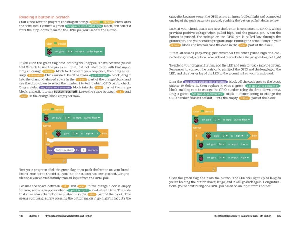 Two facing pages from The Official Raspberry Pi Beginner's Guide that feature instructions for programming in Scratch.