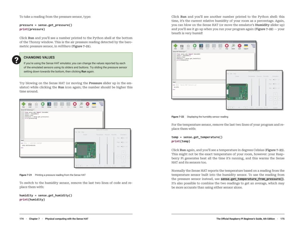 Two facing pages from The Official Raspberry Pi Beginner's Guide that feature instructions for programming in Python.