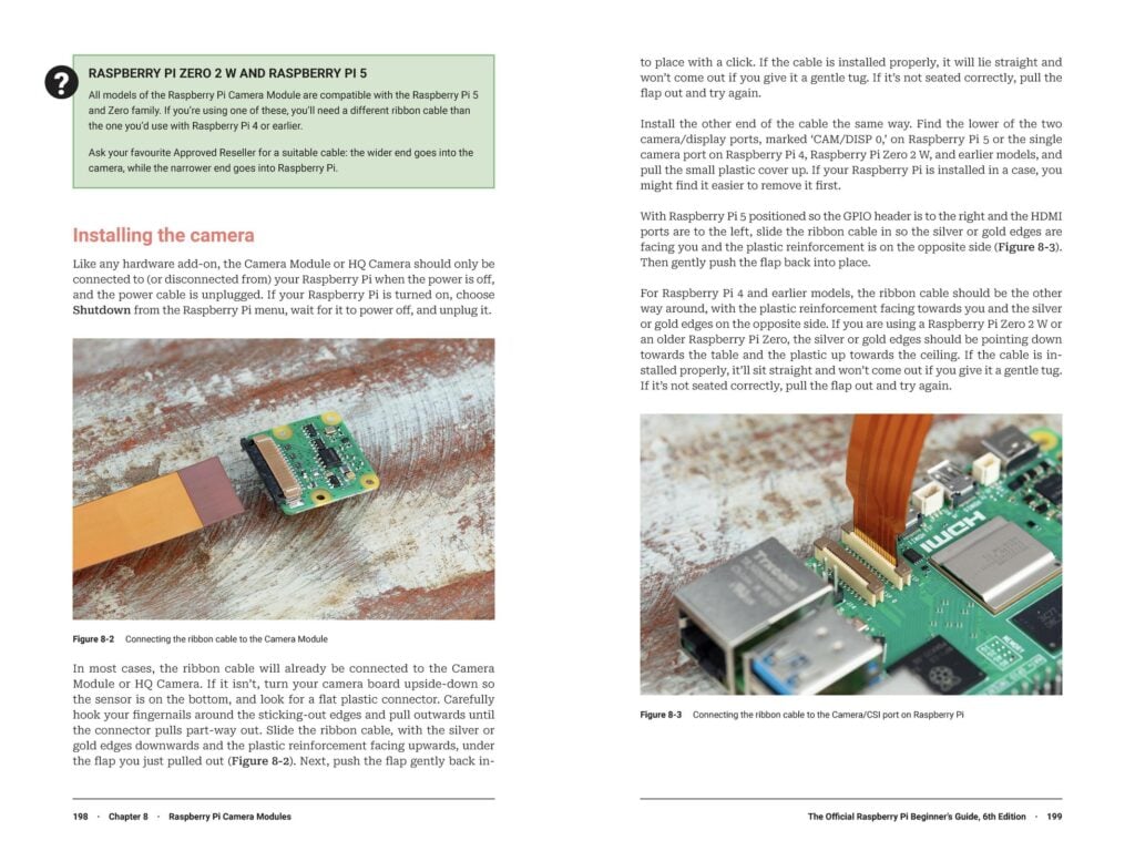 Two facing pages from The Official Raspberry Pi Beginner's Guide that feature instructions for working with the Camera Module.
