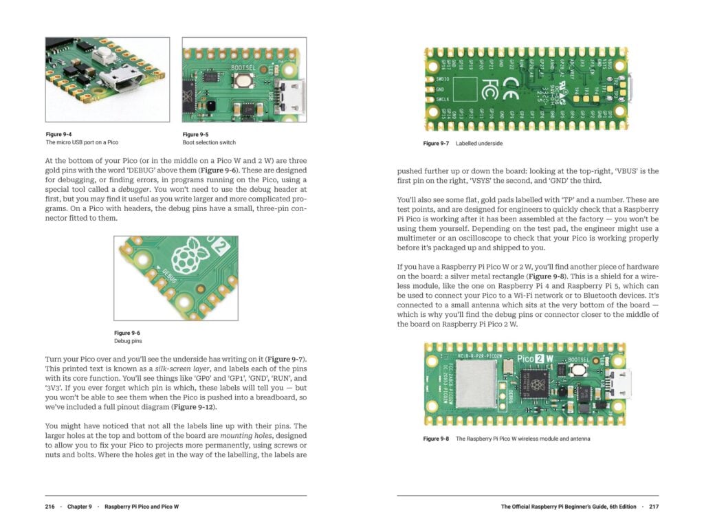 Two facing pages from The Official Raspberry Pi Beginner's Guide that feature information about Raspberry Pi Pico 2.