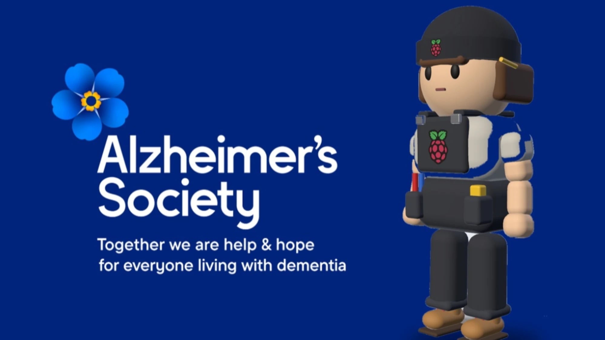 The Alzheimer's Society logo next to the Maker Lab character, a maker in a Raspberry Pi beanie and tool belt