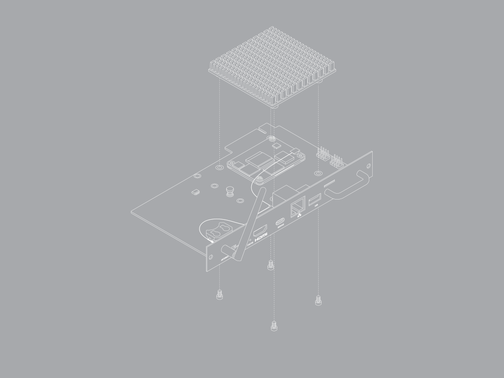 The SDM with CM5 and antenna attached and the position of the heatsink indicated.