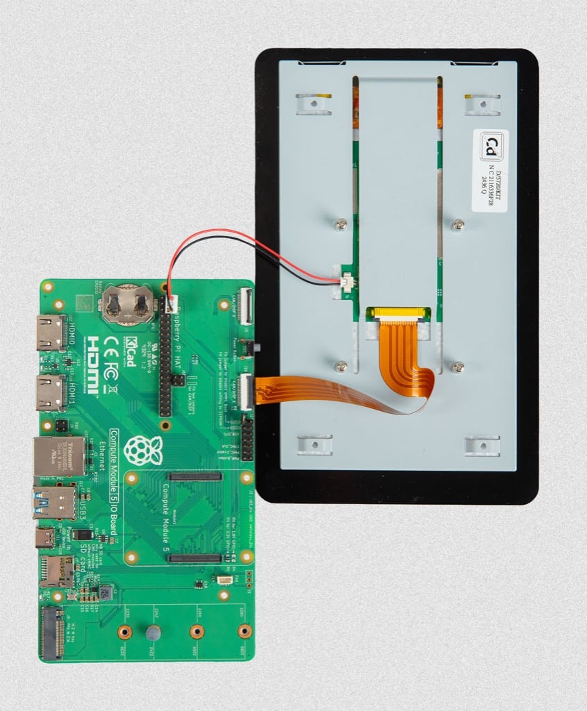 Image showing a Raspberry Pi Compute Module IO Board attached to a Touch Display 2.