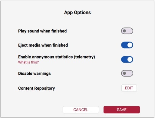 App Options dialog.