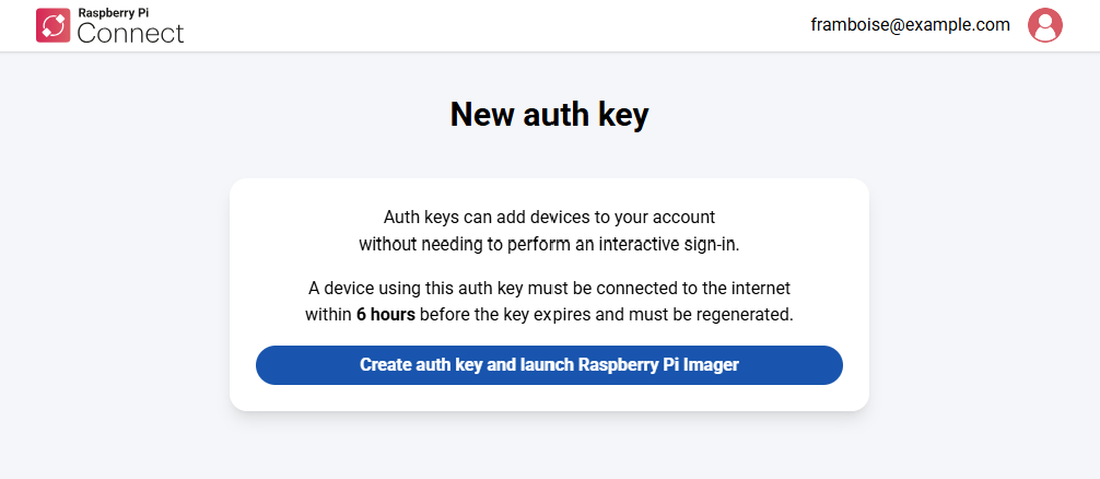 Página de nueva clave de autorización de Raspberry Pi Connect.
