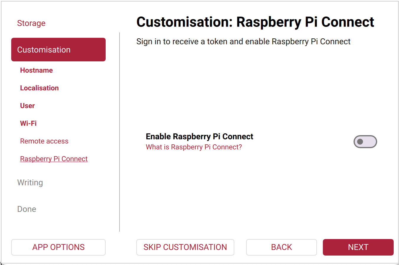 Imager OS Customisation Raspberry Pi Connect tab.