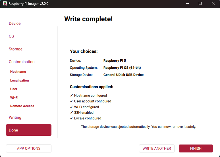 The screen Imager shows when it finishes writing an image to a storage device.