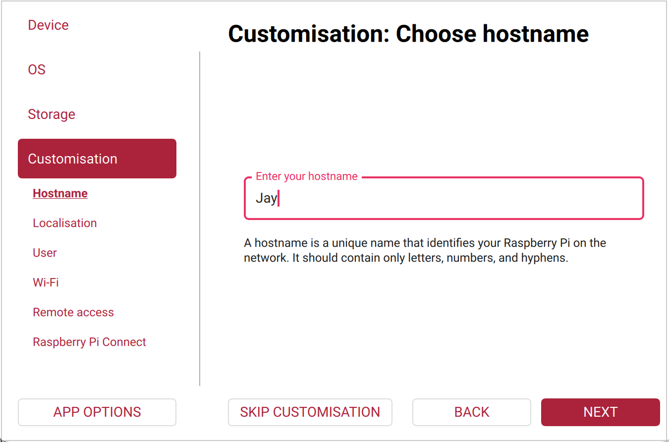 Imager OS Customisation Hostname tab.
