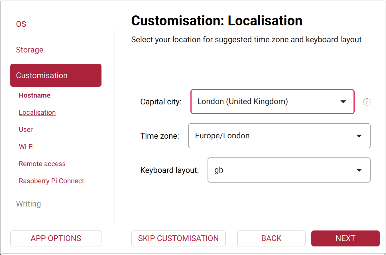 Imager OS Customisation Localisation tab.