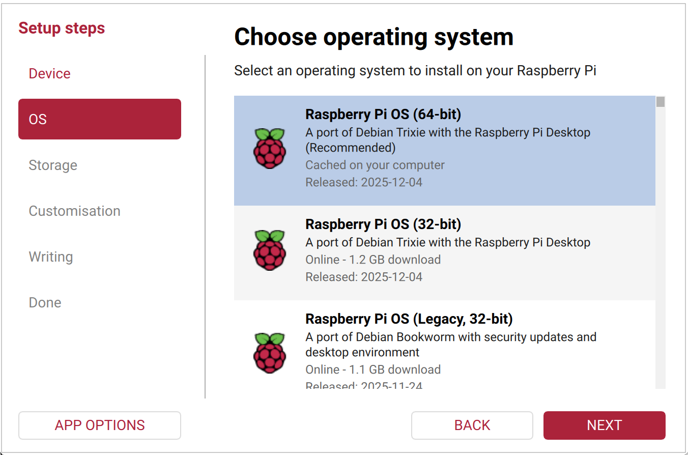 Operating system selections in Imager.