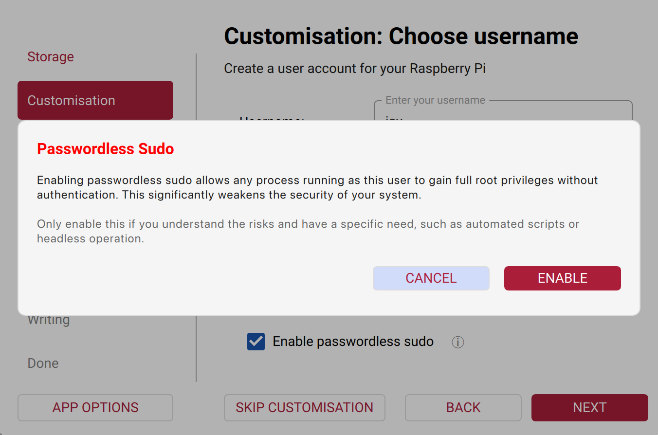Imager OS Customisation User tab passwordless sudo.