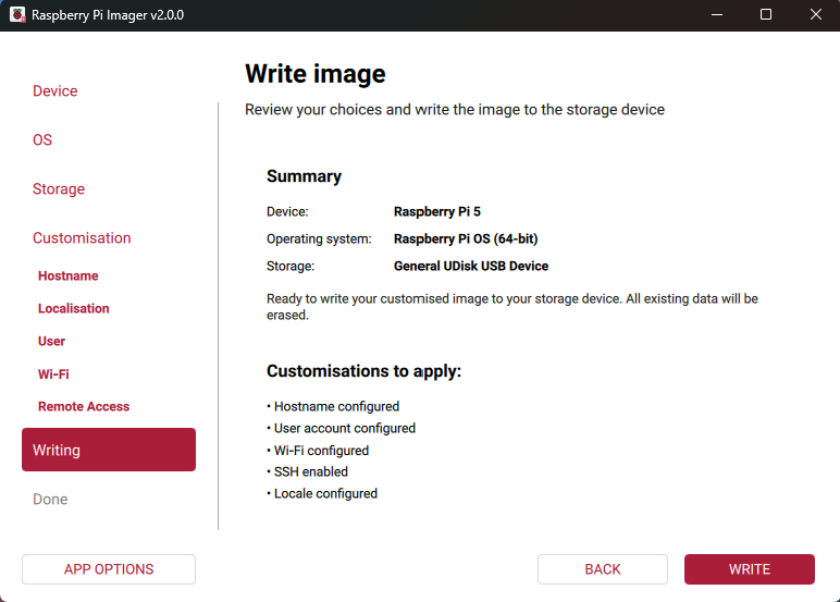 Reviewing your choices in Imager before writing.