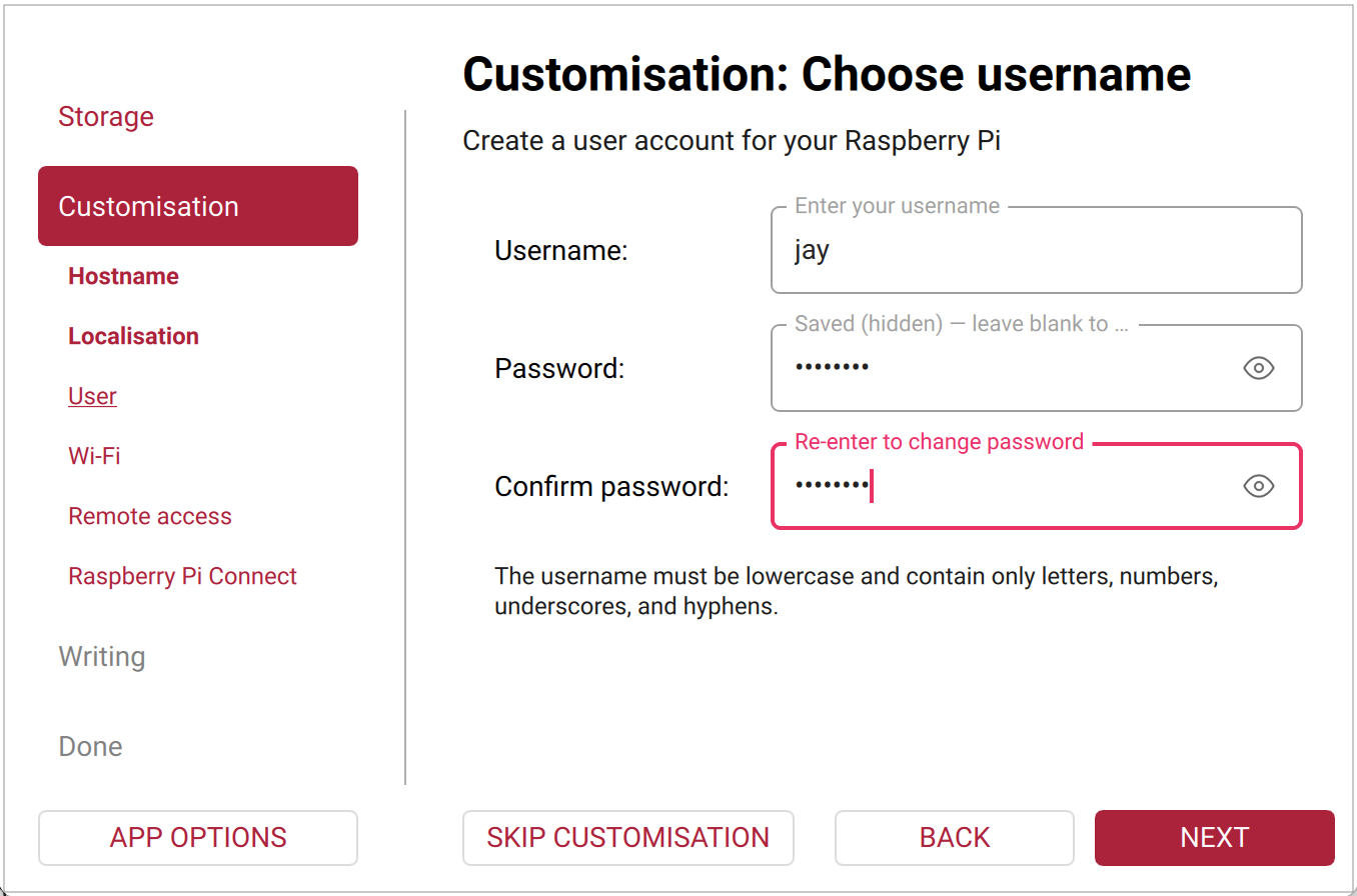 Imager OS Customisation User tab.
