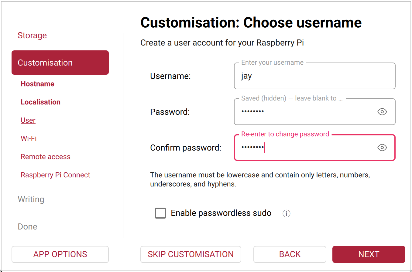Imager OS Customisation User tab.