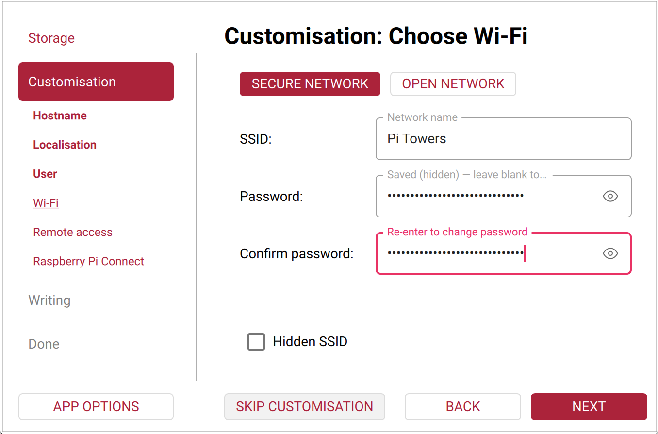 Imager OS Customisation Wi-Fi tab.