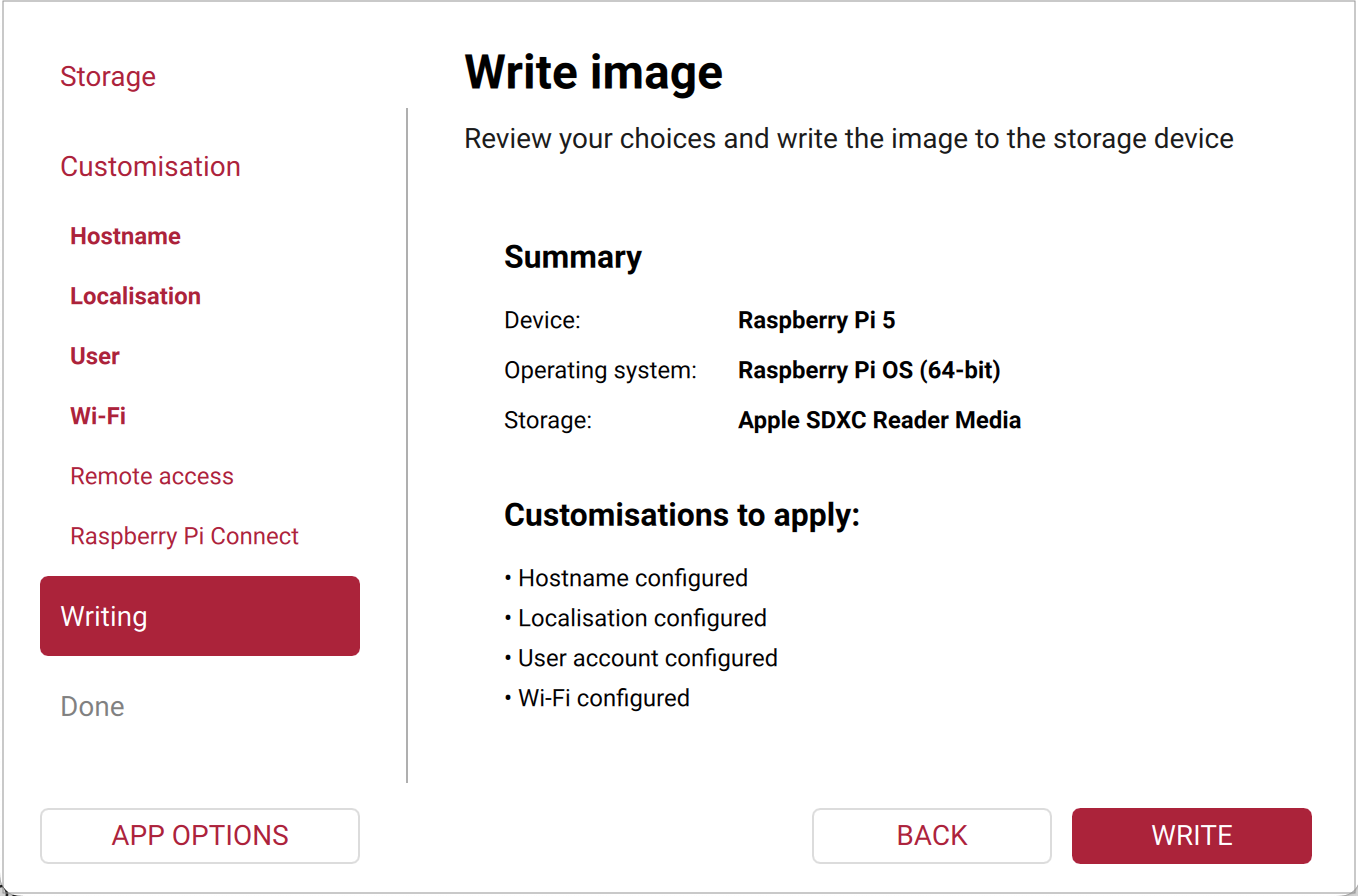 Reviewing your choices in Imager before writing.