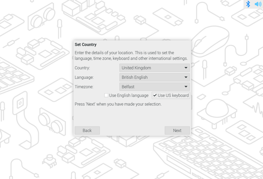 Adjust country, language, time zone, and keyboard layout.