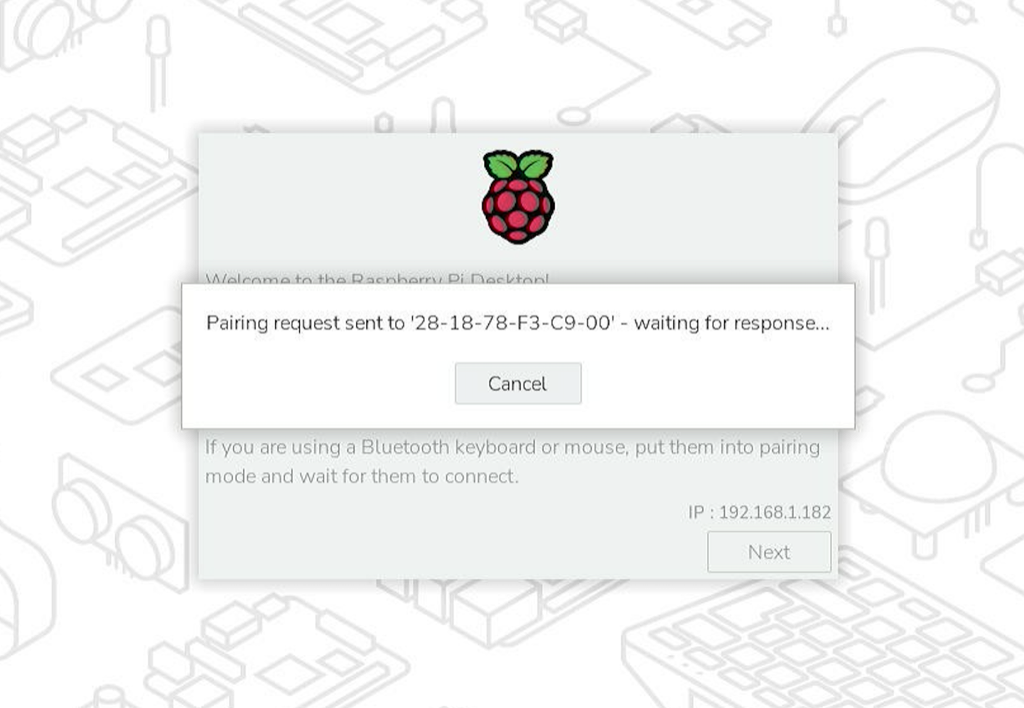 Configuration window attempting to pair with a Bluetooth device.
