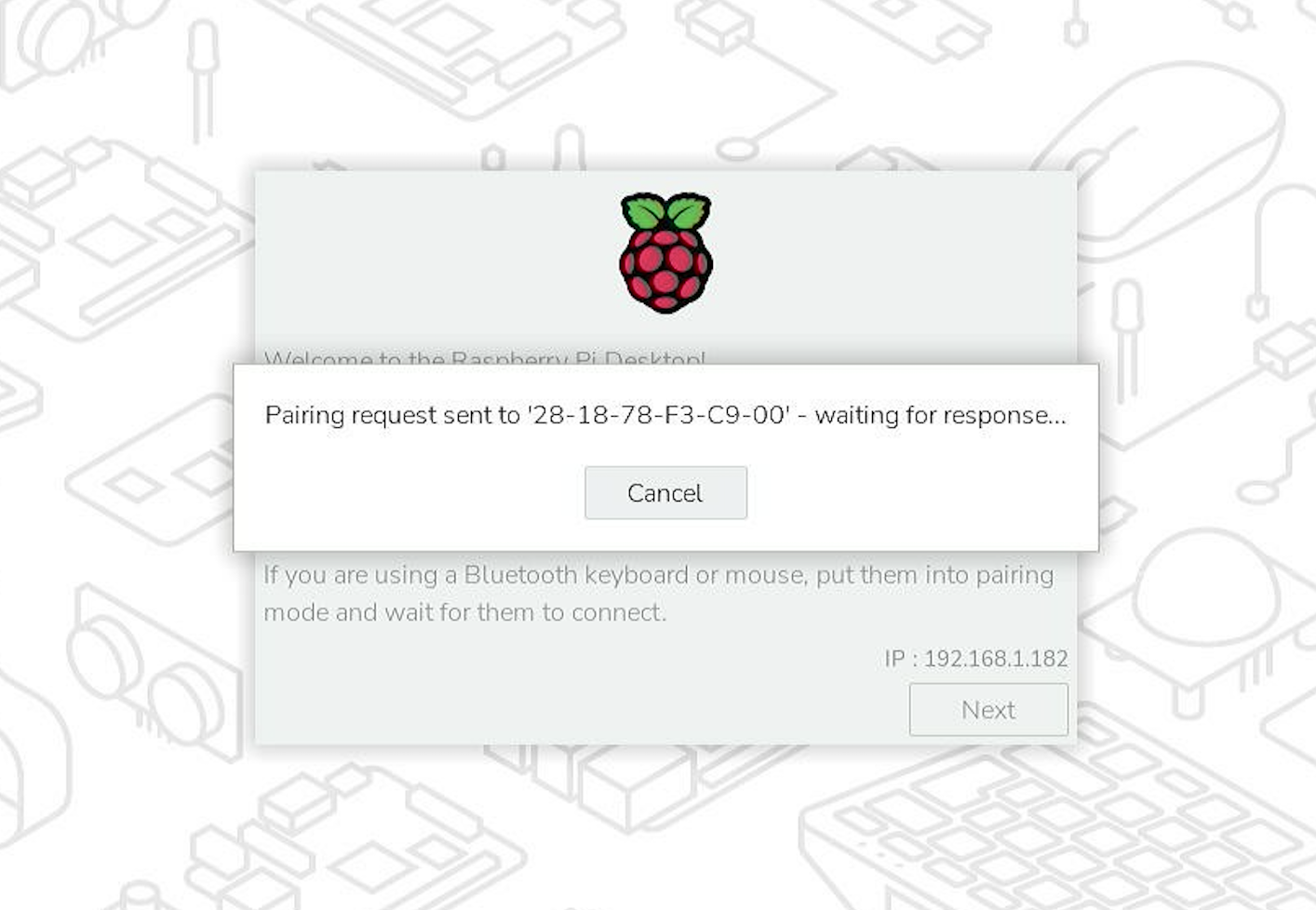 Configuration window attempting to pair with a Bluetooth device.