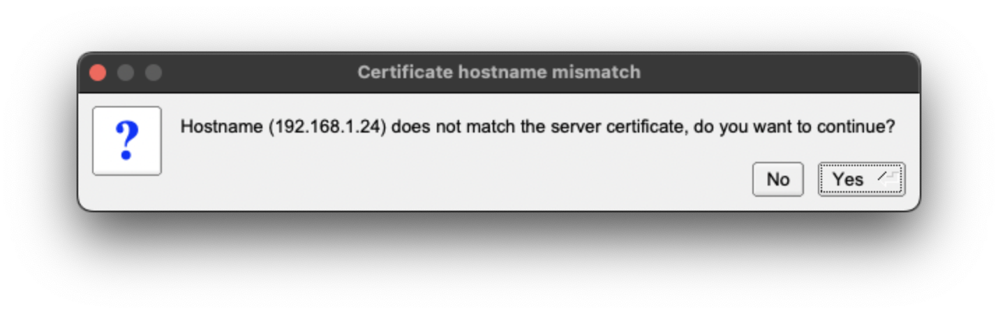 TigerVNC warning about mismatched certificates"