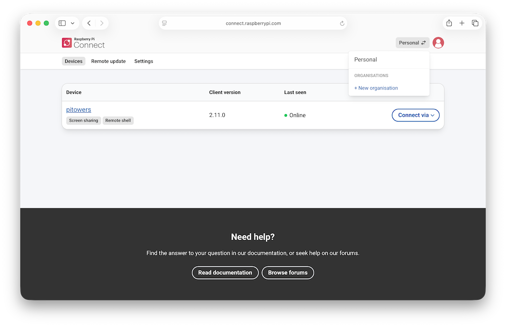 The Raspberry Pi Connect interface, showing the account switcher dropdown menu. The account switcher lets you change between your personal and organisation Connect accounts.